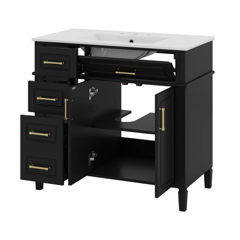 36 Inch Bathroom Vanity With Sink, 4 Drawers (1 Flip Drawer), 2 Doors & Adjustable Shelf, Black