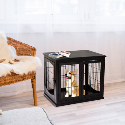 Table de bout pour chenil pour chien, cage pour petit chiot avec porte verrouillable et deux entrées, décorative mignonne pour l'intérieur, panneaux de mobilier en caisses à fils métalliques, porte de table, pour deux entrées, métal robuste, brun foncé