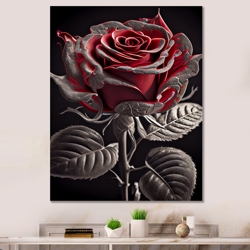 «Blossoming Rose» en rouge et gris I - art mural sur toile florale, H 20 po x l 12 po x P 1 po, Toile tendue