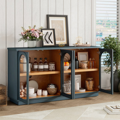 4-Door Large Storage Buffet Cabinet With Glass Doors, Arched Cabinet With Adjustable Shelves For Kitchen, Dining Room And Living Room