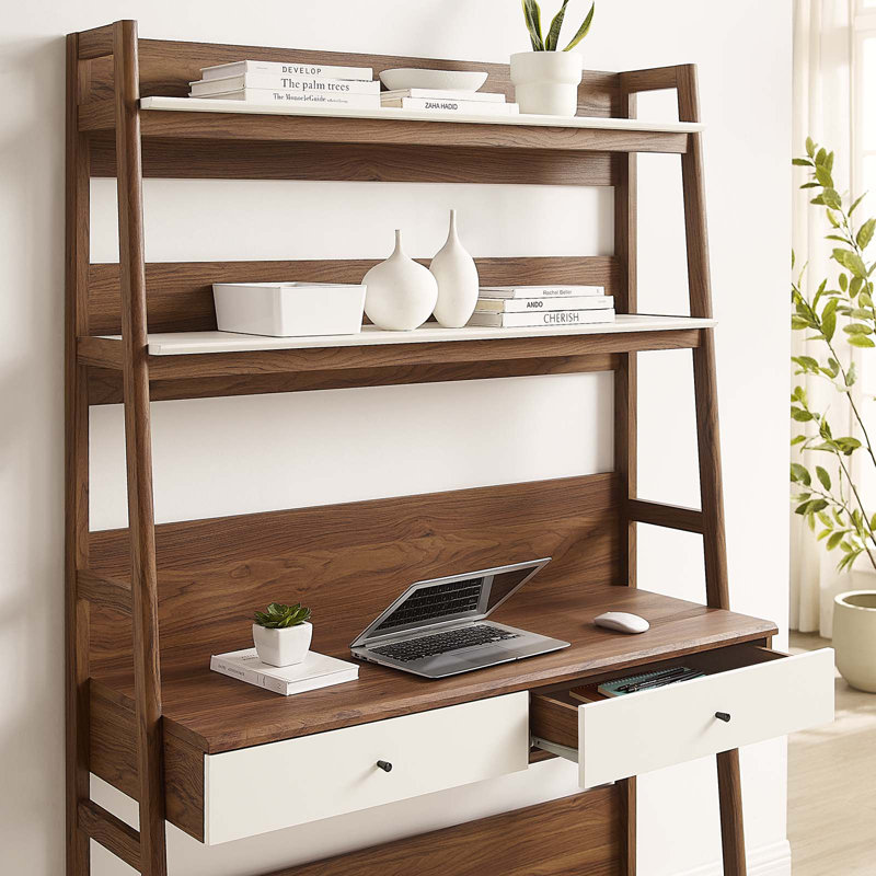 Walnut White Wood Office Desk with Bookshelf and Drawer