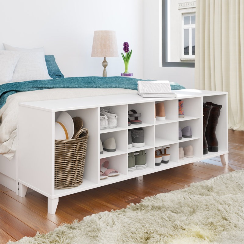 White Wooden Entryway Shoe Storage Bench with 14 Cubbies