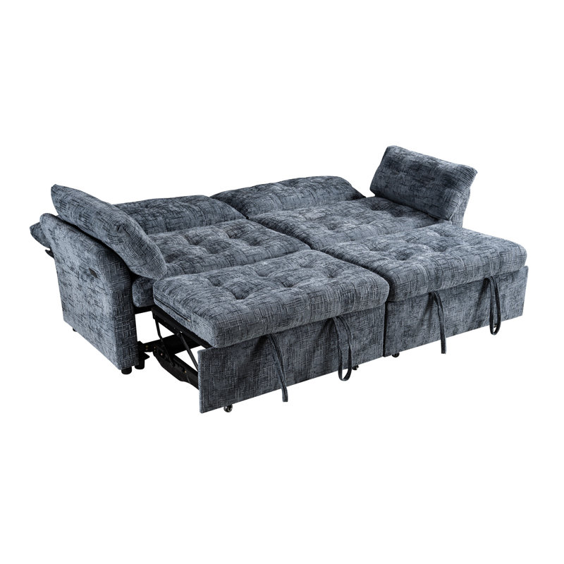 90" Wide 3 Seater Pull out Sofa Sectional Sleeper Sofa with USB Charging, Blue
