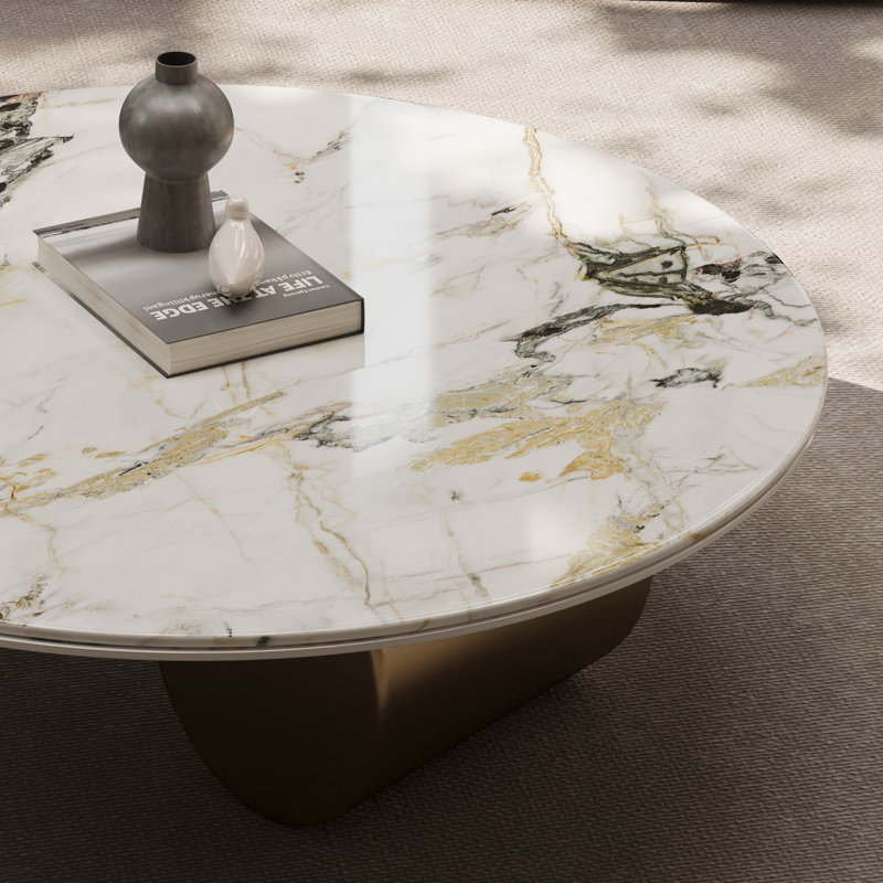 39" Round Stone Coffee Table with Metal Cylinder Legs - Modern Luxury, Space-Saving Design