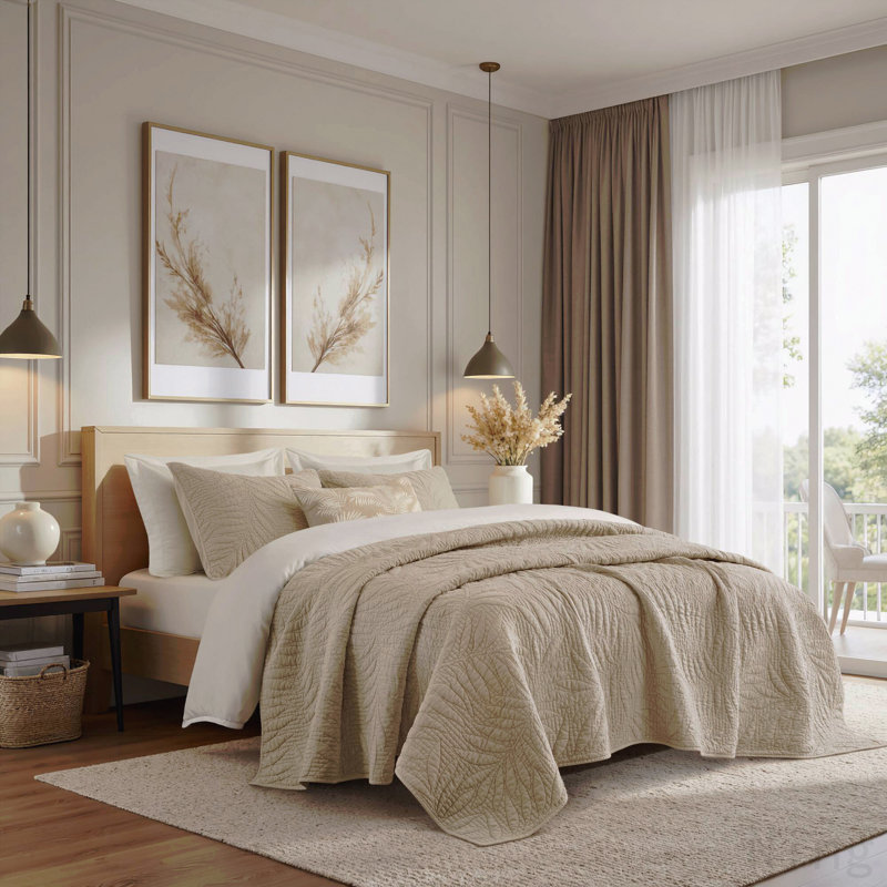 King 3 Piece Cotton Quilt Set Linen