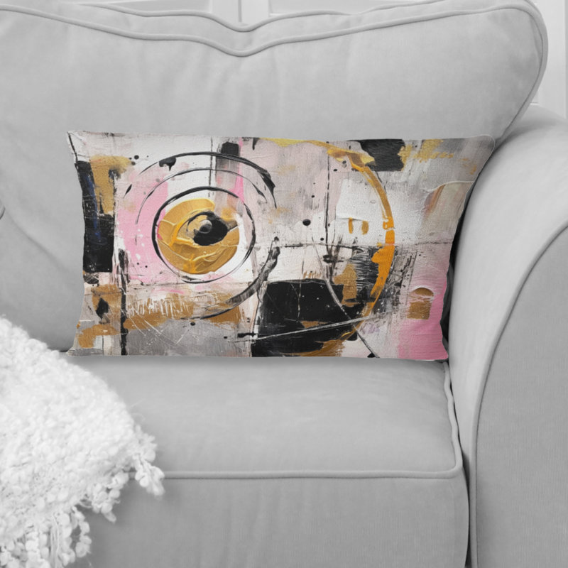 Coussin décoratif rose avec motif symétrique blanc et cubisme