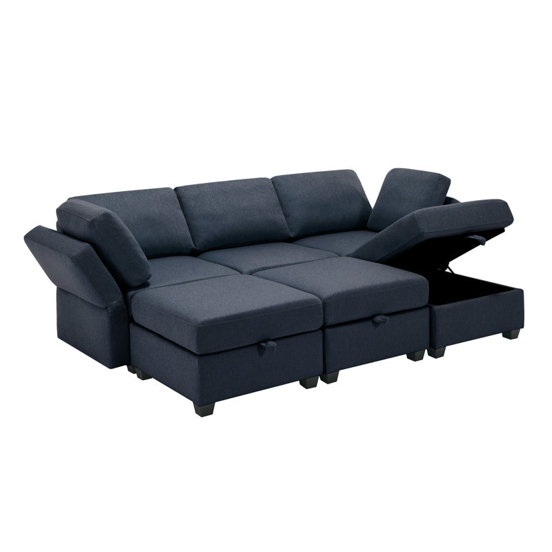 Ensemble de canapé rembourré 3 places et 3 repose-pieds Kyson, Polyester bleu