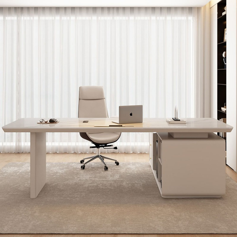 Bureau rectangulaire en pierre blanche et bois manufacturé avec tiroirs, 29.53" H x 78.74" W x 47.24" D, Retour à gauche