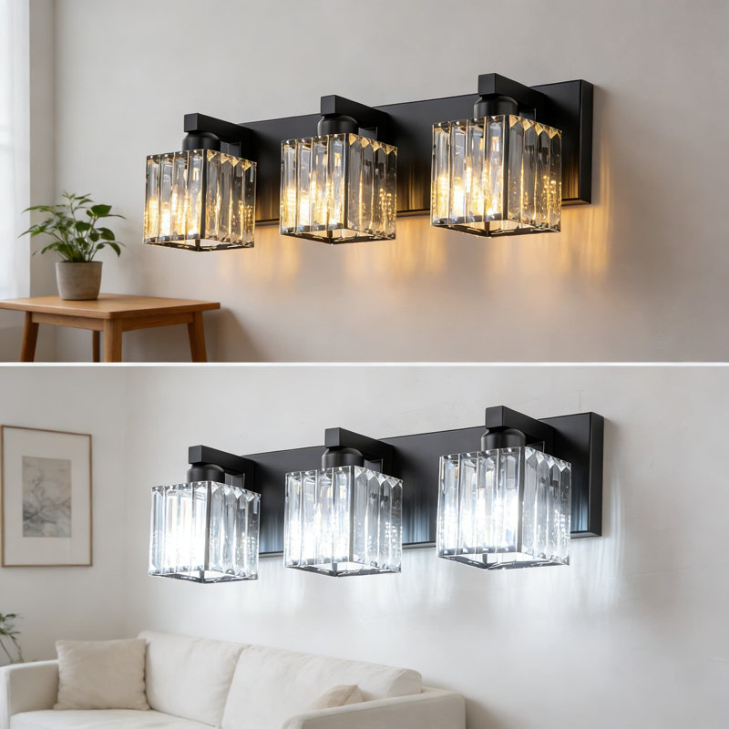 Luminaire de meuble-lavabo de salle de bain moderne à 3 lumières avec accents de cristal - Luminaire carré noir à fixation murale pour miroir - à intensité variable et compatible avec douille E26
