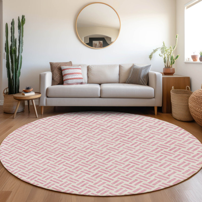 Premium Machine Washable Prisco Pink Rug, Round 8'