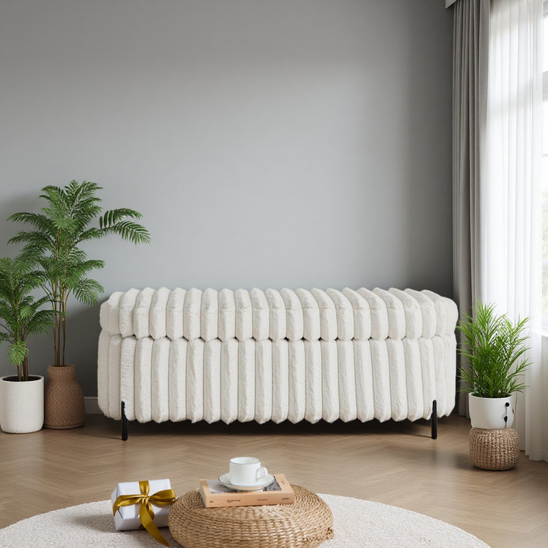 49,2 po de large banc de rangement en fausse fourrure avec pieds en métal et repose-pieds, Beige