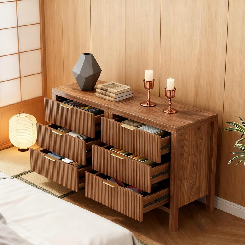 Ensemble de tables de chevet cannelées en bois avec 2 tiroirs et 6 grandes tables de bout Boho pour le salon de la chambre à coucher - Noyer