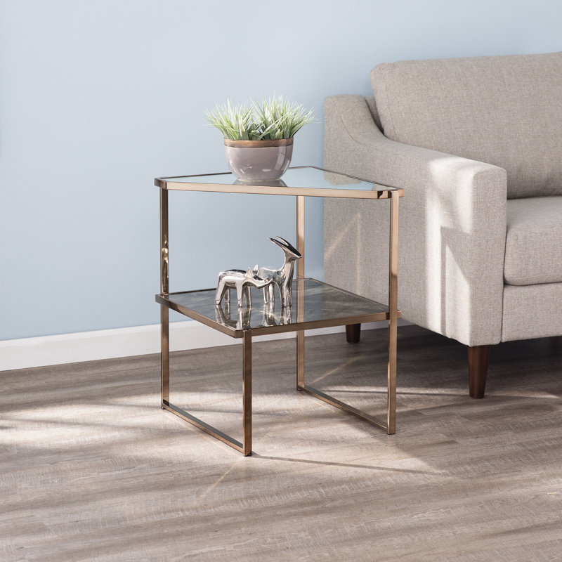 Table de bout en verre et miroir en forme de faux pierre