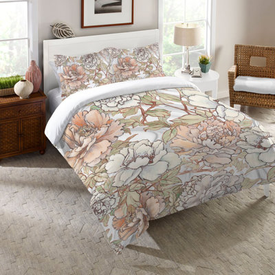 Blushing Pale Pink Peonies Modern & Contemporary Cotton Floral Duvet Cover