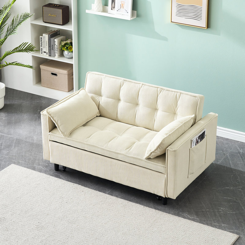 Lit simple tapissier beige de 53,94 po, planche supportée, 2 coussins rembourrés en éponge, cadre en bois massif et à base de bois, décoration de bureau à domicile 53,94 po, velours côtelé, support, coussin, sans sommier,