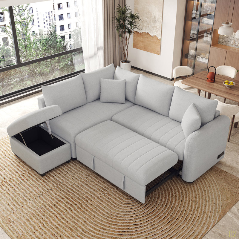 82.6" L-Shaped Sectional Pull Out Sofa Bed Sleeper Sofa With Two USB Ports, Two Power Sockets And A Movable Storage Ottoman