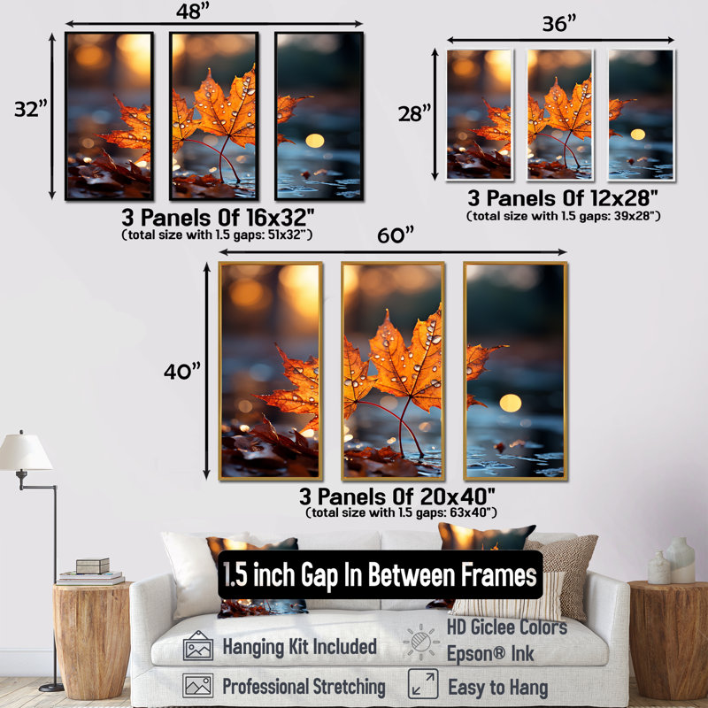 «Orange Autumn Maple Leaves III» - Art mural érable, H 28 po x l 36 po, Cadre flottant noir