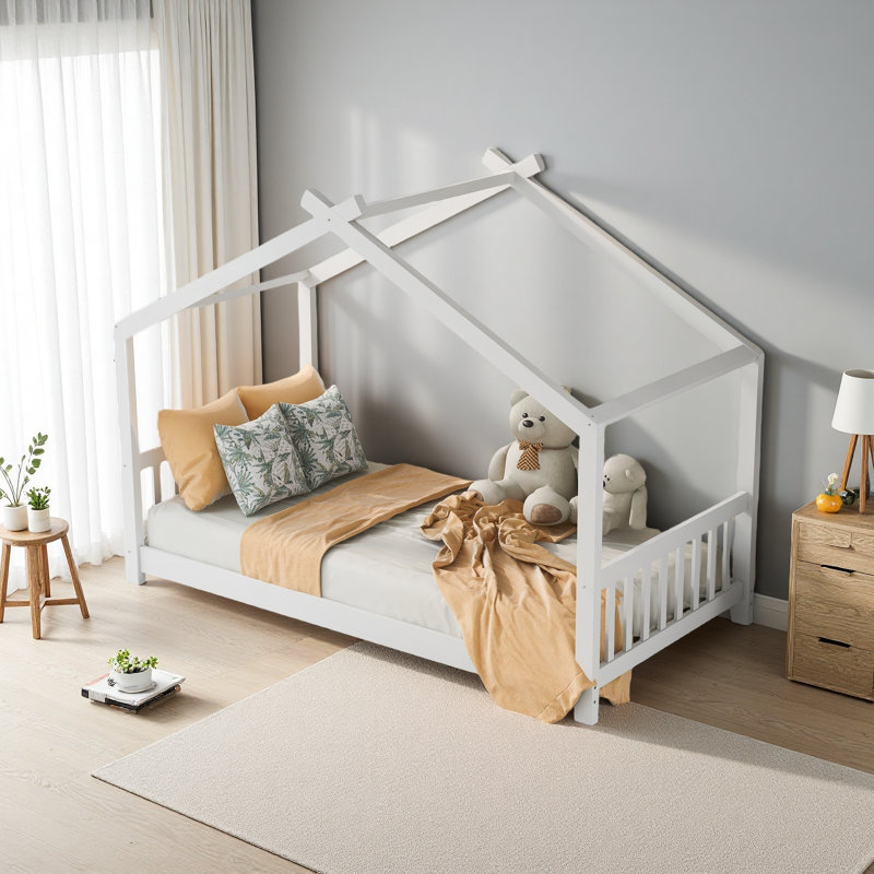 Lit plateforme House avec tête et pied de lit, toit, Blanc