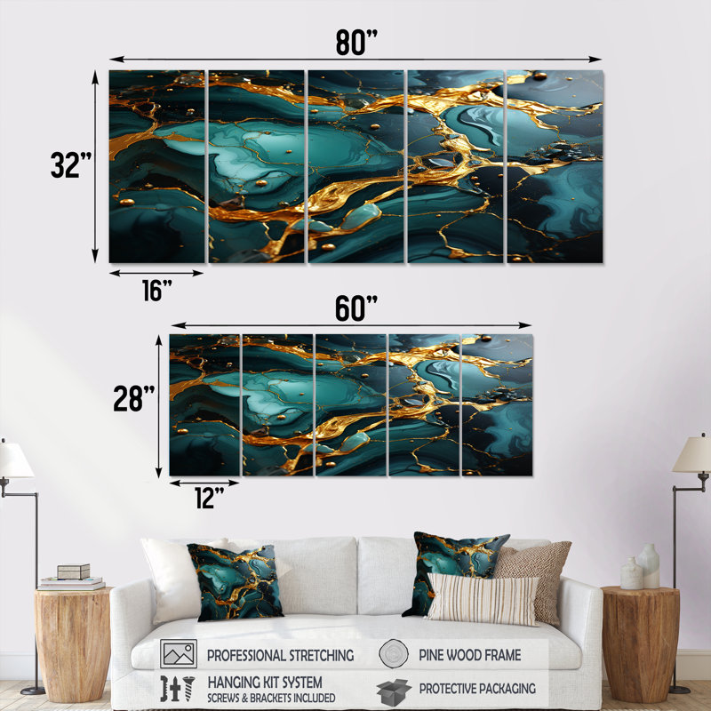 «Topaze dorée et agate verte», art abstrait 5 pièces, H 32 po x l 80 po