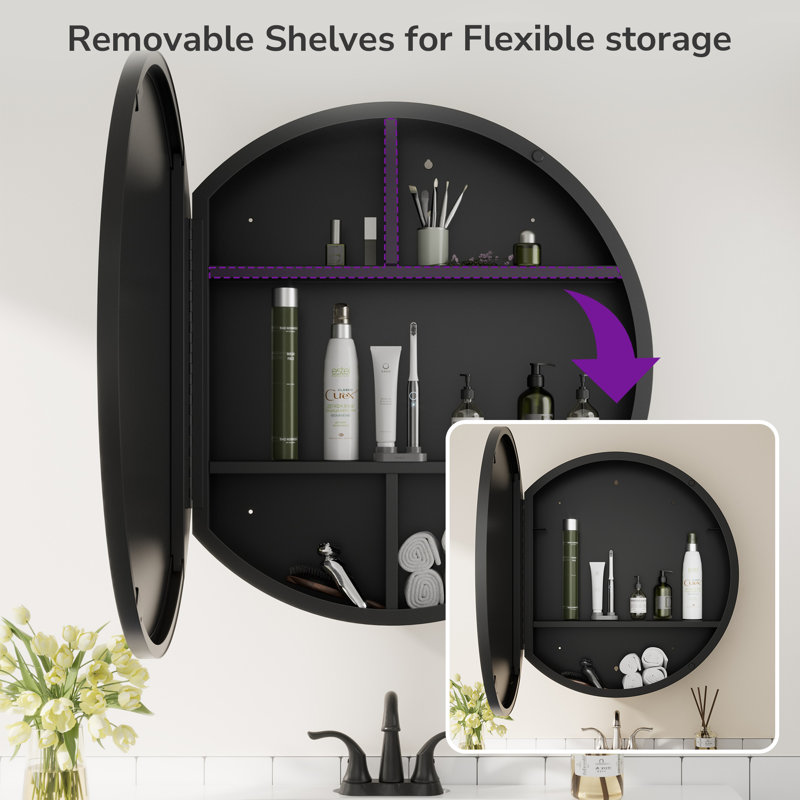 Gervon Round Wall Mounted Medicine Cabinet with Shelves, Black, 28" H x 28" W x 6" D