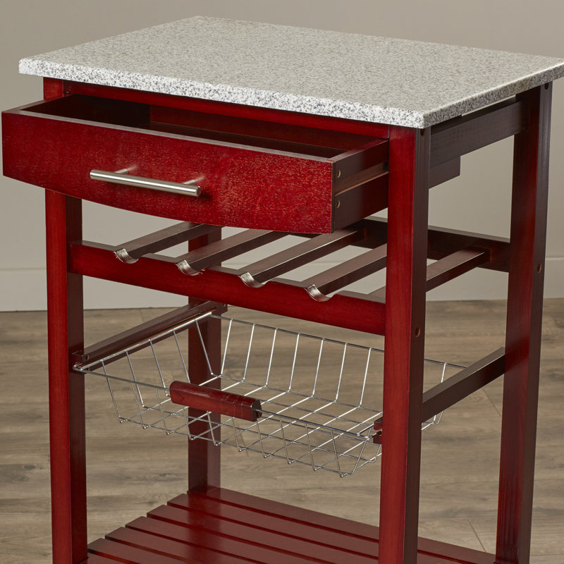 Macy Rolling Granite Kitchen Cart with Utility Drawer & Basket, Wenge, Granite