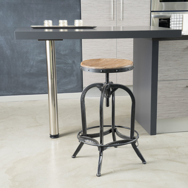 Adjustable Height Counter Stool with Metal Frame, Gray Brass/Distressed Brushed Gray, 1