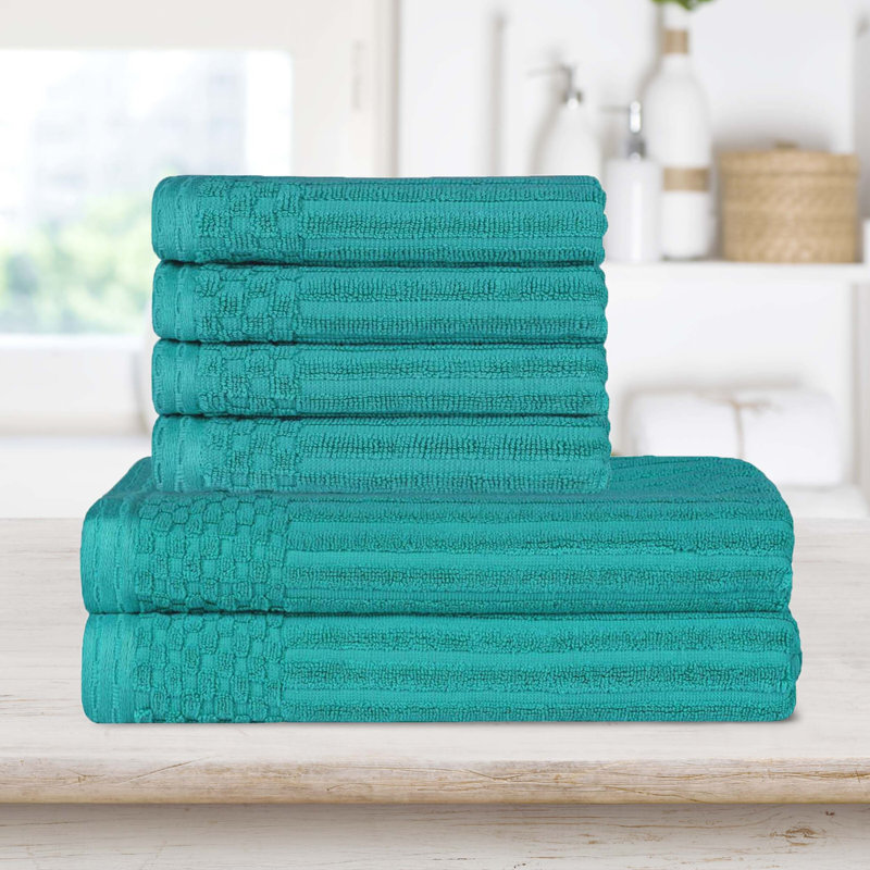 Ribbed Cotton Absorbent Heavy Hand and Bath Towel Set, Turquoise