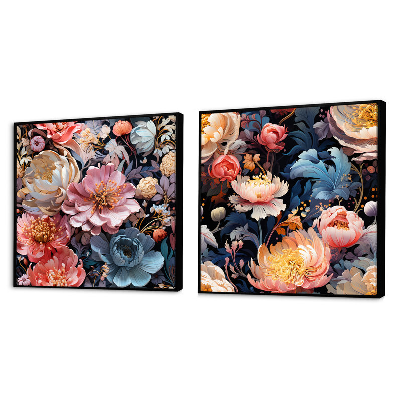 Livio - Ensemble de 2 collages carrés floraux, Cadre flottant noir, H 16 po x l 33 po