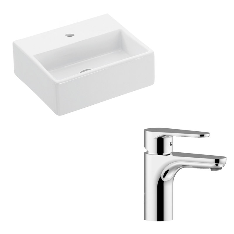 WS Bath Collections Quattro 11.2'' Glossy White/Polished Chrome Ceramic Rectangular Bathroom Sink with Faucet