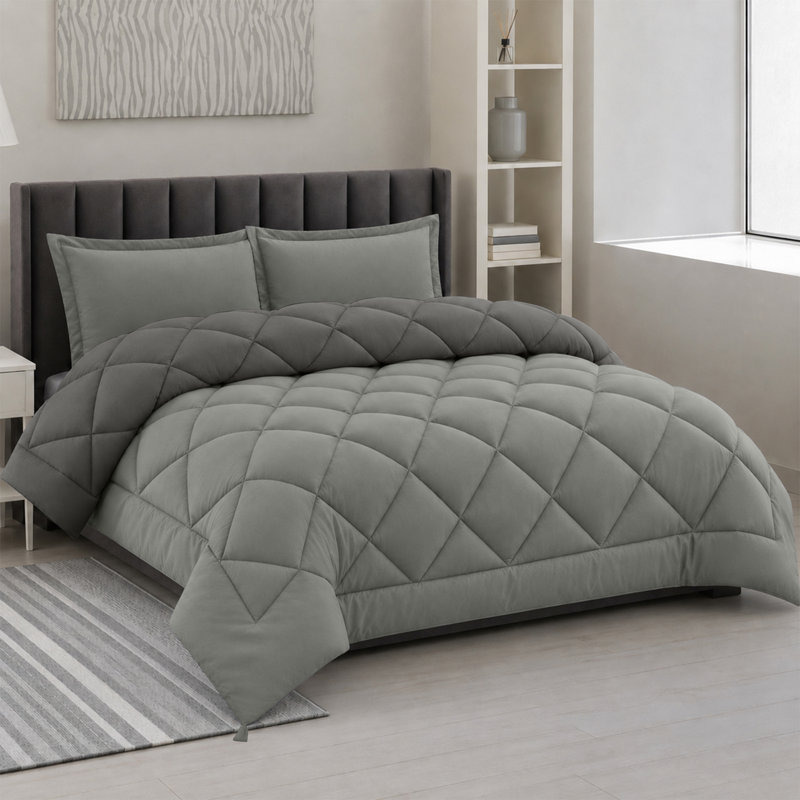 Down Alternative Microfiber Reversible Comforter Set - 3 Pcs All Season Diamond Pattern Comforter with Shams, Gray, Twin