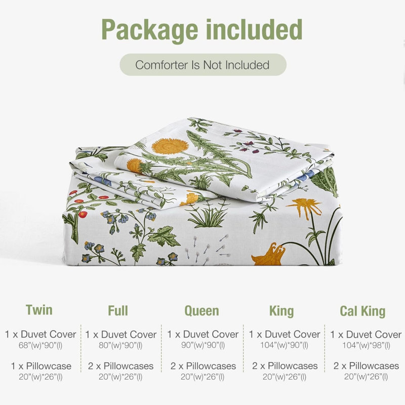 Floral Duvet Cover Set, Kingsize Duvet Cover + 2 Pillowcases, White/Green/Orange Floral