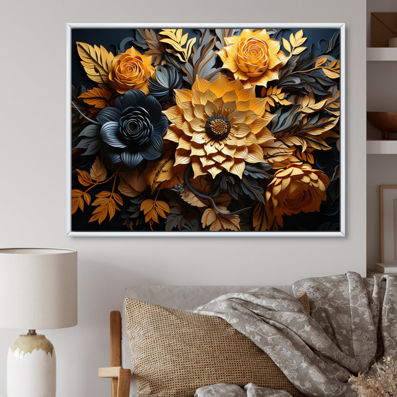 Fleur jaune contrastant beauté - impression, H 24 po x l 32 po x P 1 po, Cadre flottant blanc