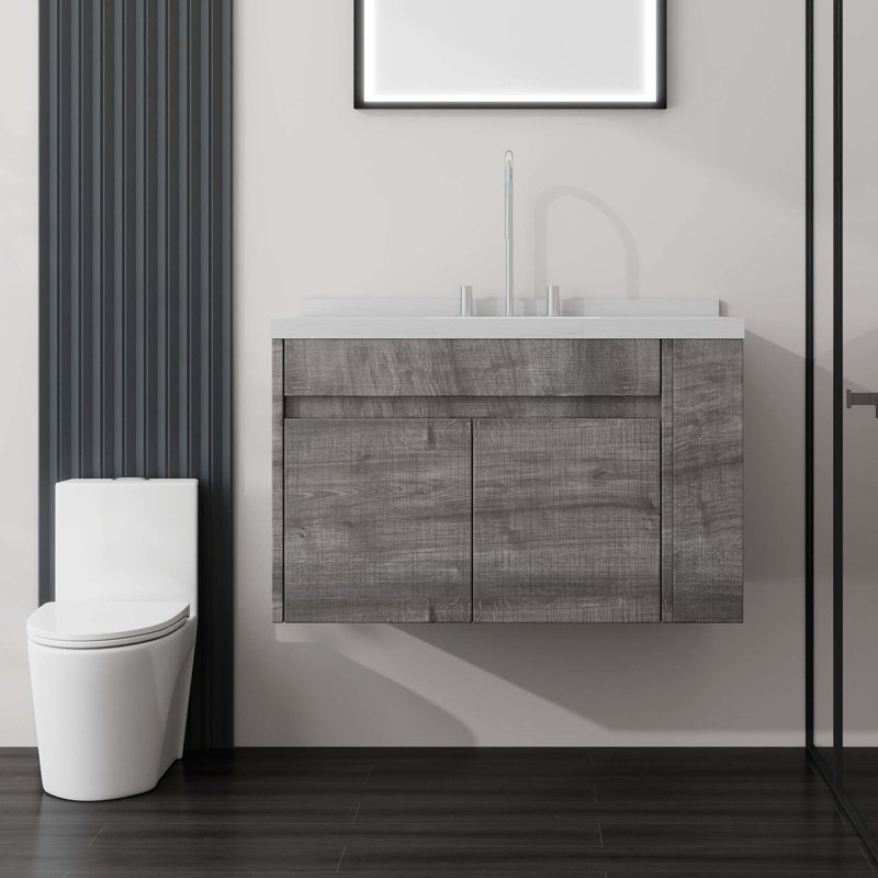 Meuble-lavabo flottant avec comptoir en marbre de culture et portes à fermeture en douceur, Gris