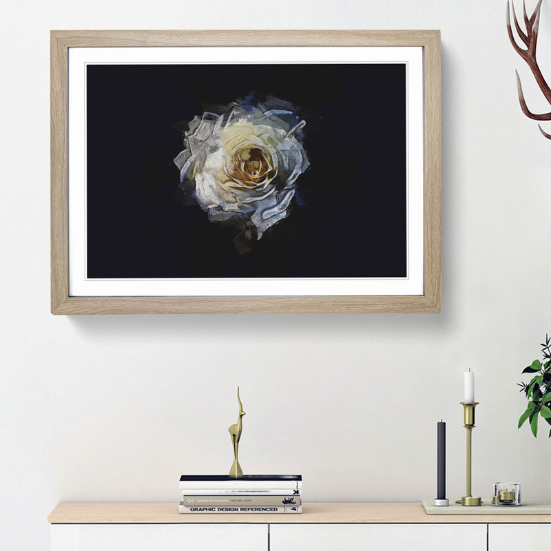A Crisp White Rose in Abstract - Picture Frame Graphic Art Print, 27cm H x 36cm W x 2cm D, Oak Framed