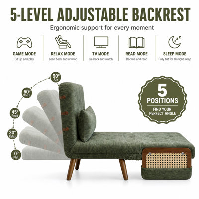Canapé-lit convertible 3 en 1, méridienne simple, vert, 35,4 po