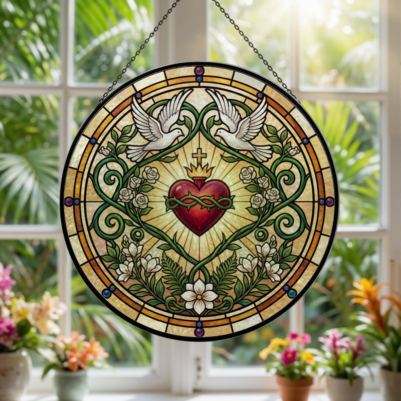 Panneau de vitrail Sacred Heart, H 12 po, H 12 po
