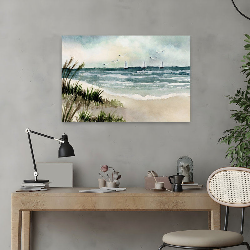 Plage, plage, aquarelle, art mural contemporain, 16" H x 24" W