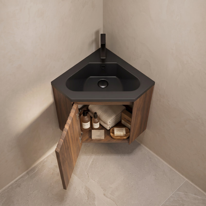 Meuble-lavabo mural triangulaire de 56 cm (22 po) avec lavabo intégré en résine noire et armoire en noyer, Noyer