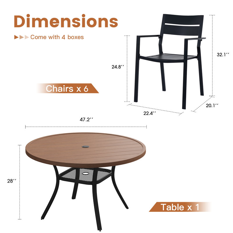 Round Patio Dining Set with 48" Round Metal Dining Table and 6 Metal Armrest Dining Chairs, Brush Wood Brown/Black/Black