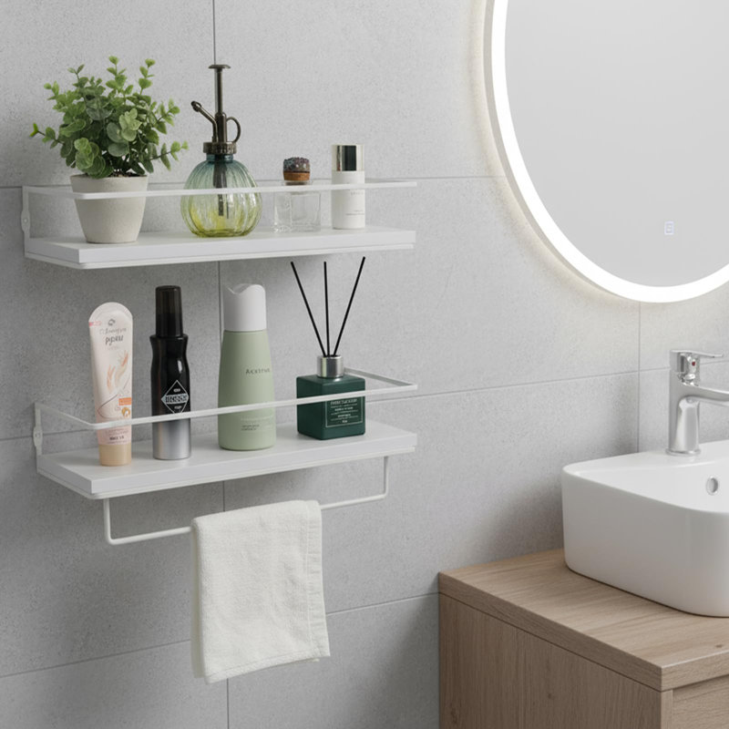 Ensemble de 2 tablettes flottantes pour salle de bain avec cadre en métal et porte-serviettes, blanc, Blanc