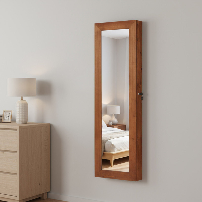 Armoire à bijoux élégante avec miroir pleine longueur, lumières DEL et rangement verrouillable, Brun