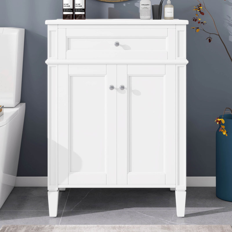 Meuble-lavabo de salle de bain 24 po avec lavabo, armoire de rangement moderne avec 2 portes à fermeture douce et un tiroir basculant, structure en bois massif