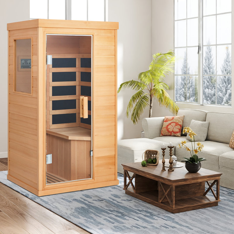 1-Person Infrared Sauna – Compact Hemlock Wood Indoor Dry Sauna with 4 Heater Panels, Bluetooth Speaker, Tempered Glass Door – Easy to Use and 110V