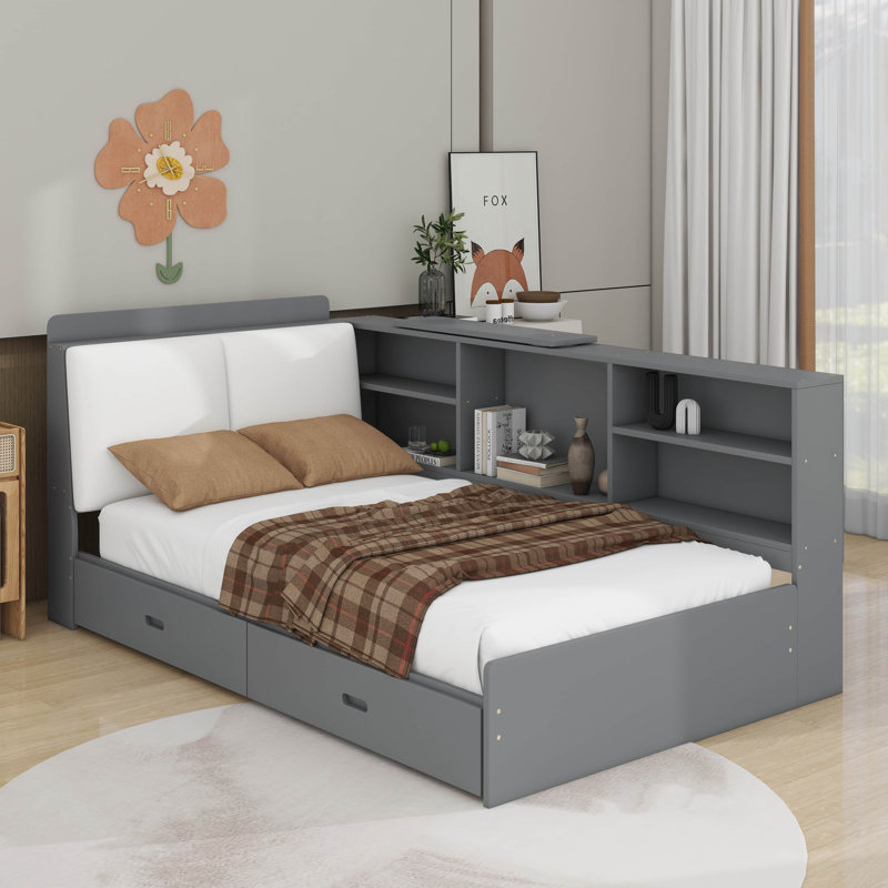 Lit plateforme simple avec tête de lit, tablettes et tiroirs de rangement, Gris