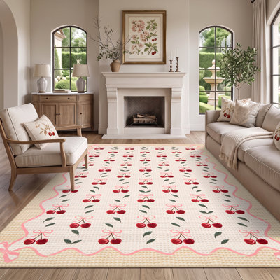 Tapis lavable à bordure festonnée à motif de cerises douces, avec un joli nœud décoratif pour le salon, la chambre ou la chambre d'enfant.