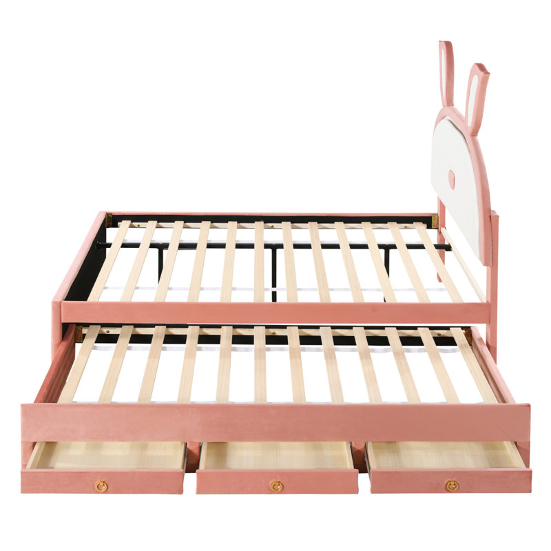 Lit plateforme tapissier 3 tiroirs avec tête de lit et lit gigogne Aalaysia, Plein, Rose