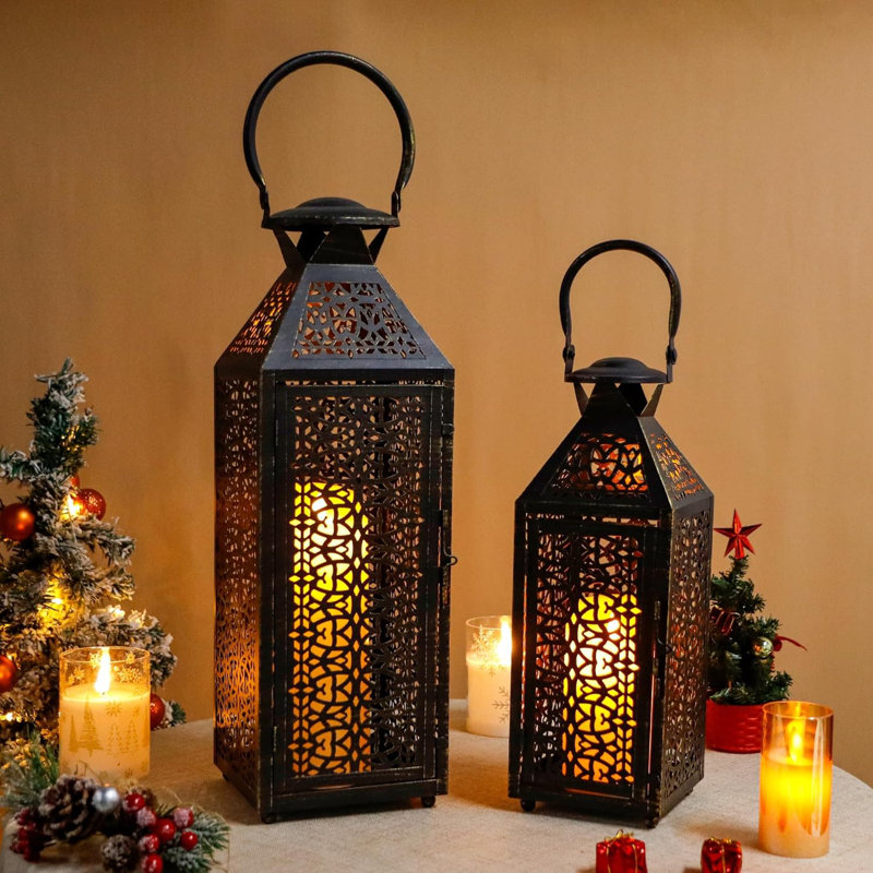 2 Piece Metal Tabletop Lantern Set, Black