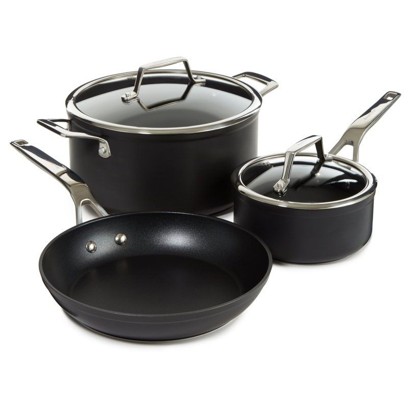 BergHOFF Essentials 5Pc Non-Stick Hard Anodized Cookware Starter Set With Glass Lids, Black