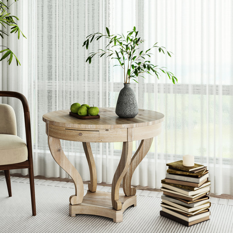 Table de salle à manger ronde, de style moderne, dimensions compactes, pieds galbés, aspect bois naturel, 2 tiroirs de rangement, placage de sapin sur les côtés, plateau