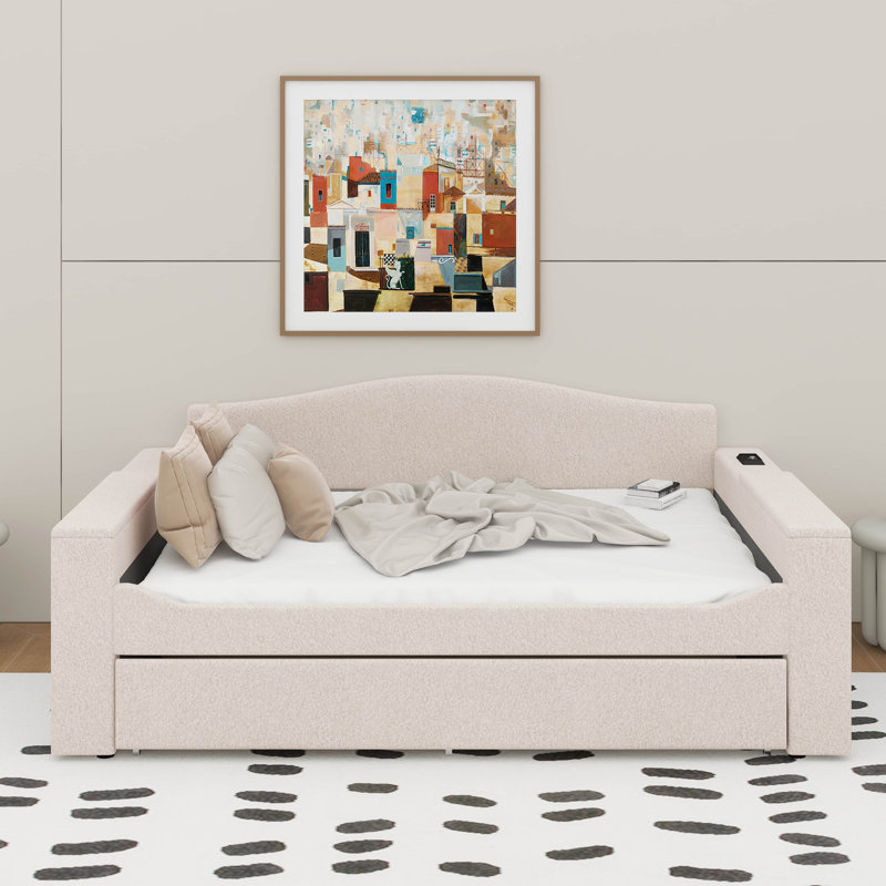 Lit de jour double rembourré avec accoudoirs de rangement, lit gigogne et dernier système audio Bluetooth, Beige, Lit double